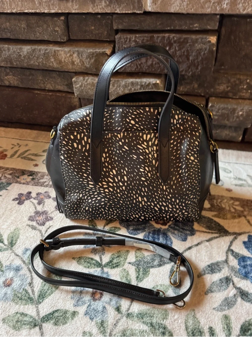 Fossil Black Satchel with Cream Speckle Print